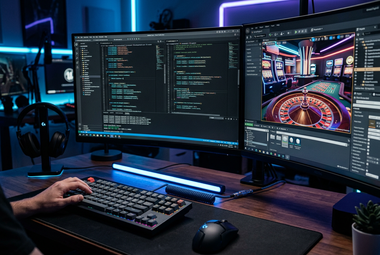 A high-tech workspace showing casino game software development on multiple monitors.